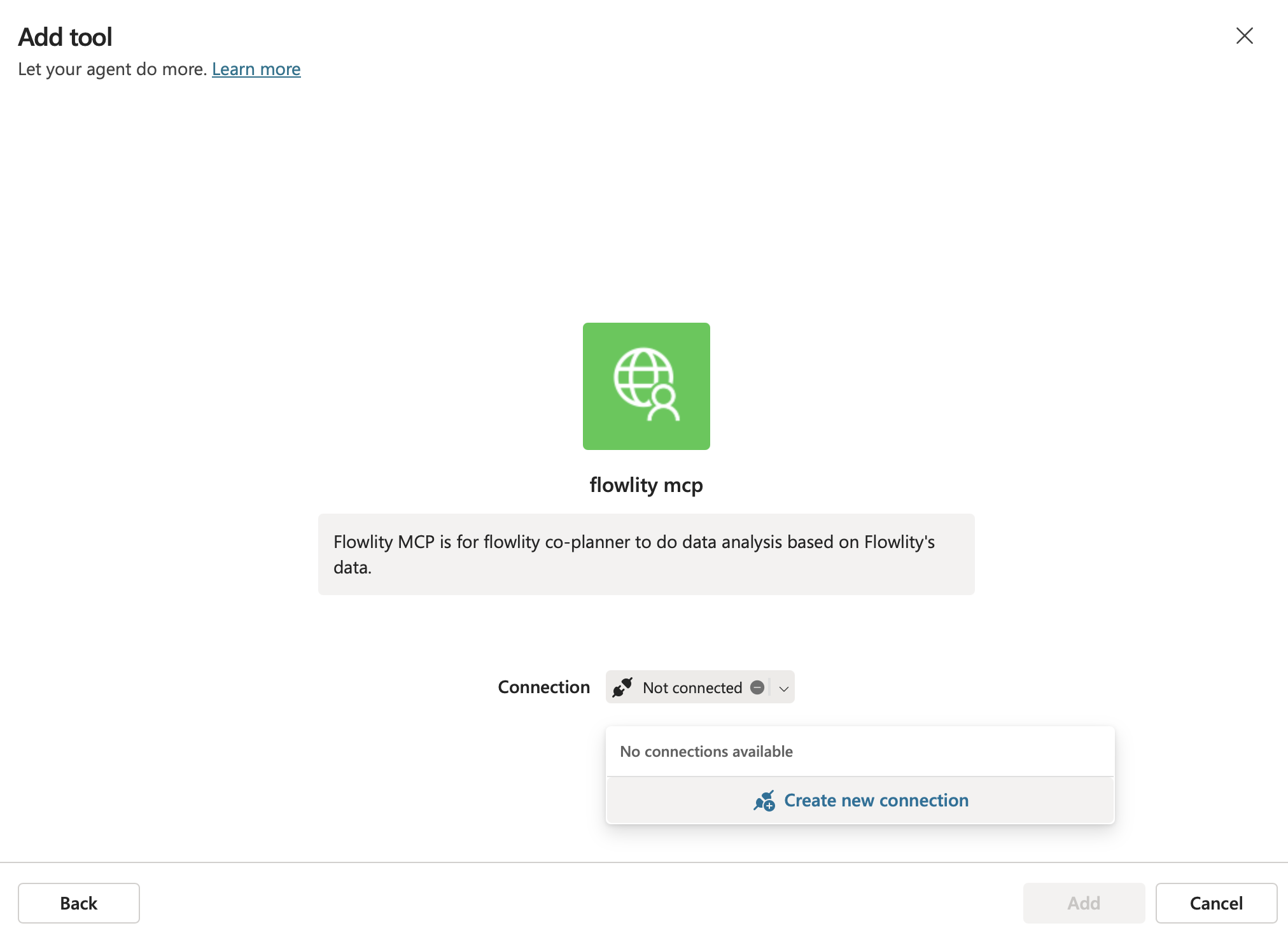 Ecran Add tool invitant a creer une nouvelle connexion pour le serveur MCP Flowlity