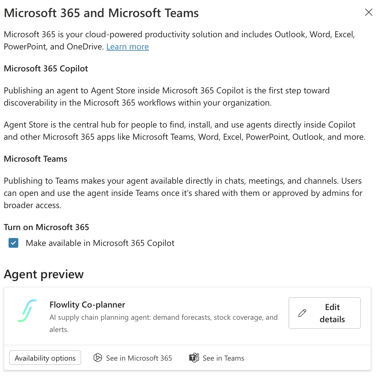 Panneau du canal Microsoft 365 and Teams avec l'option Make available in Microsoft 365 Copilot activee