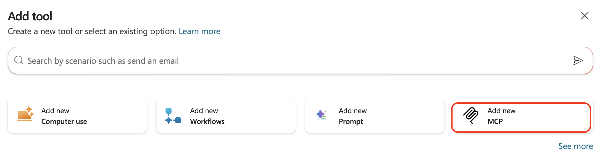 Boite de dialogue Add tool avec l'option Add new MCP en surbrillance