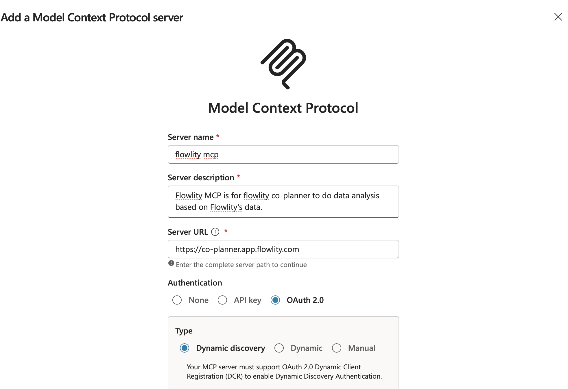 Formulaire Add a Model Context Protocol server avec nom, description, URL et OAuth 2.0